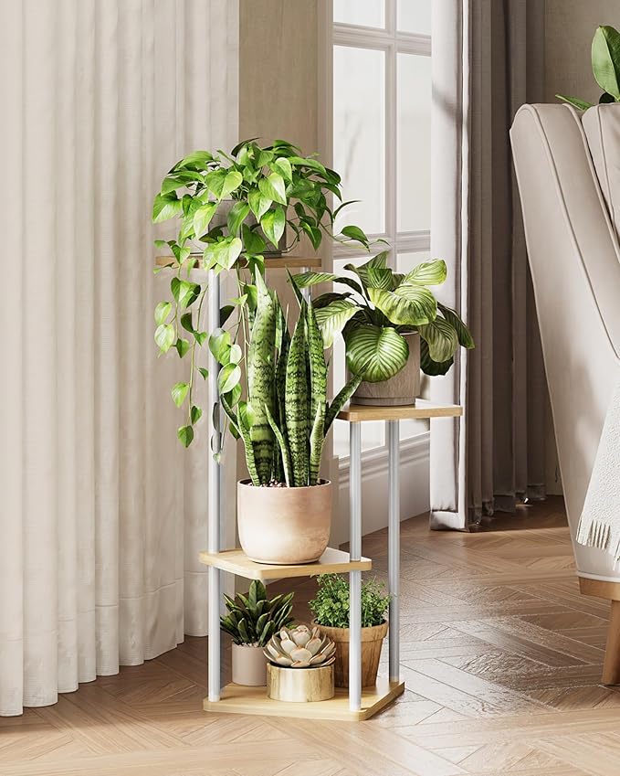Tall Plant Stand Indoor 4 Tiered Plant Shelf for Multiple Plants Coner Shelf Stand Wood Plant Stand Metal Shelving for Living Room Bedroom Balcony Patio White