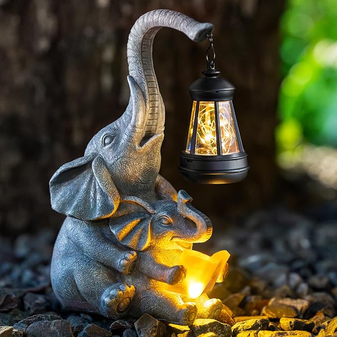 Solar Garden Statue Lights Loving Elephants Figurine with Solar Lantern, Outdoor Yard Decorations for Patio Porch Home, Housewarming Elephant Gifts for Mom, Women