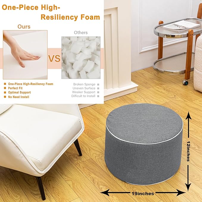 Outdoor Ottoman Outdoor Ottomans for Patio 19x12 Inches Modern Lightweight Foam Stuffed Pouf Outdoor Footstool Footrest Foot Stool Waterproof (Gray)