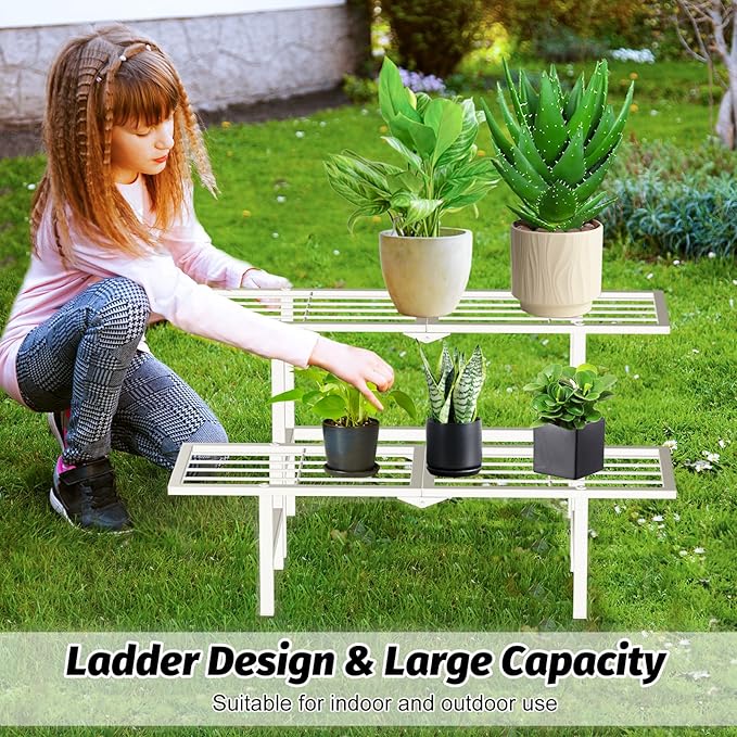 2 Tier Metal Plant Stand Outdoor Indoor, Separated Tiered Outdoor Folding Plant Shelf, Ladder Plant Stands Display Rack for Garden Window, 8.3/15.4'' Tall (White)