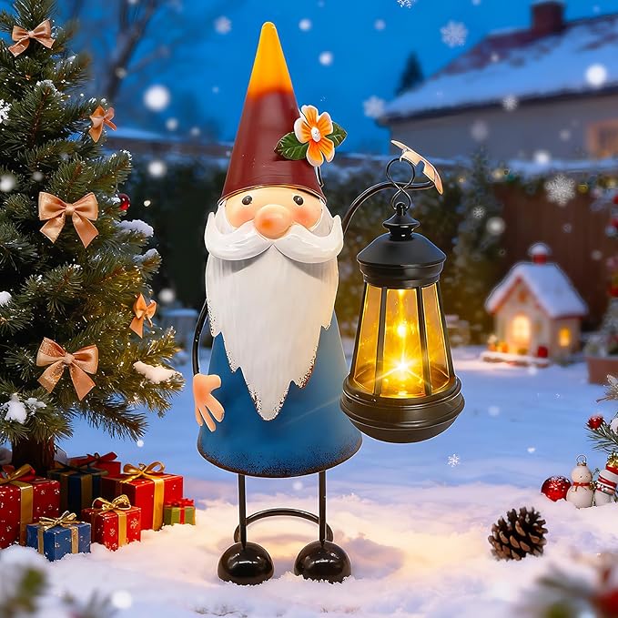 Solar Garden Gnome Statue with Lights,14.56in Tall Solar Gnome Garden Sculptures, Birthday Gift for Woman Grandma Big Metal Decorative for Outdoor Patio Porch Ornaments Lawn Yard Balcony