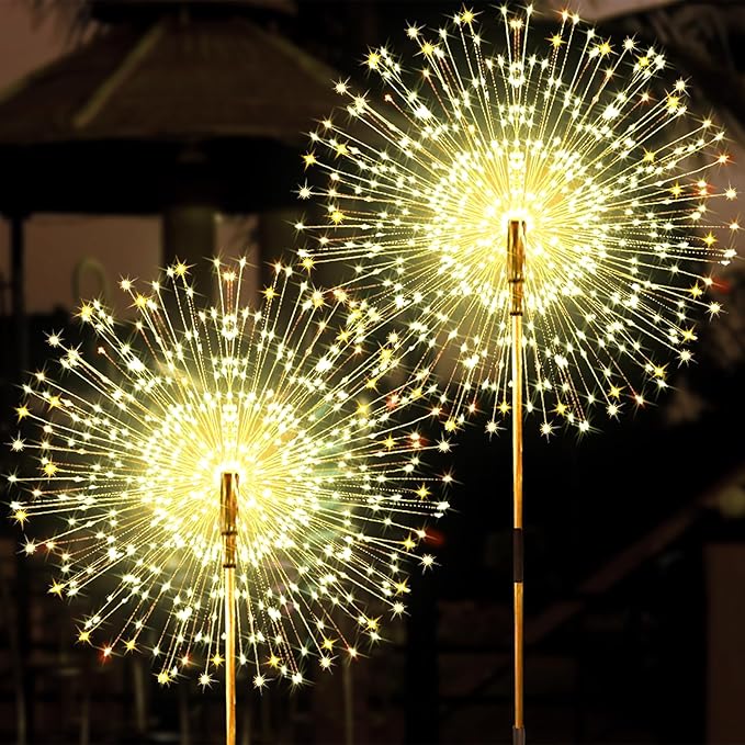 JJGoo Solar Firework Lights, 2 Pack 150 LEDs 2 Lighting Modes Solar Lights Outdoor Waterproof for Garden Patio Walkway Pathway Party Wedding Christmas Decorative - Warm White