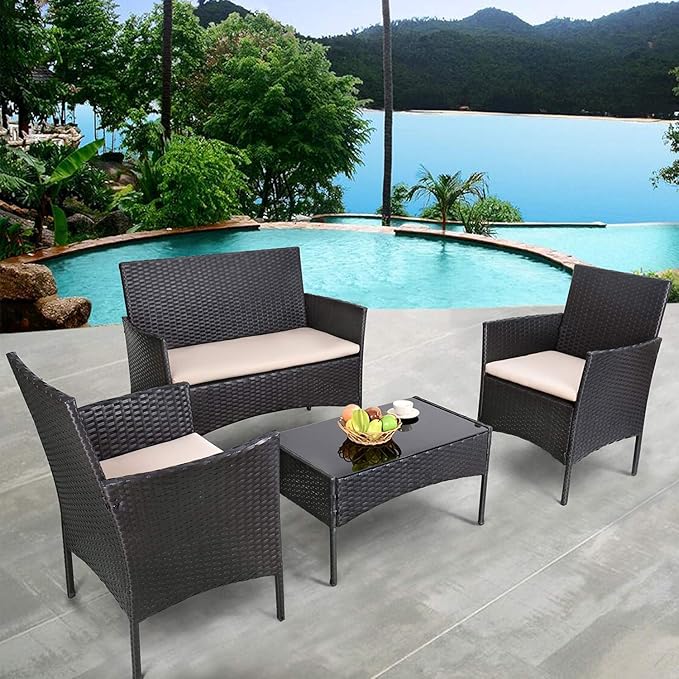 Homall 4 Pieces Outdoor Patio Furniture Sets Rattan Chair Wicker Set,Outdoor Indoor Use Backyard Porch Garden Poolside Balcony Furniture (Black and Beige)