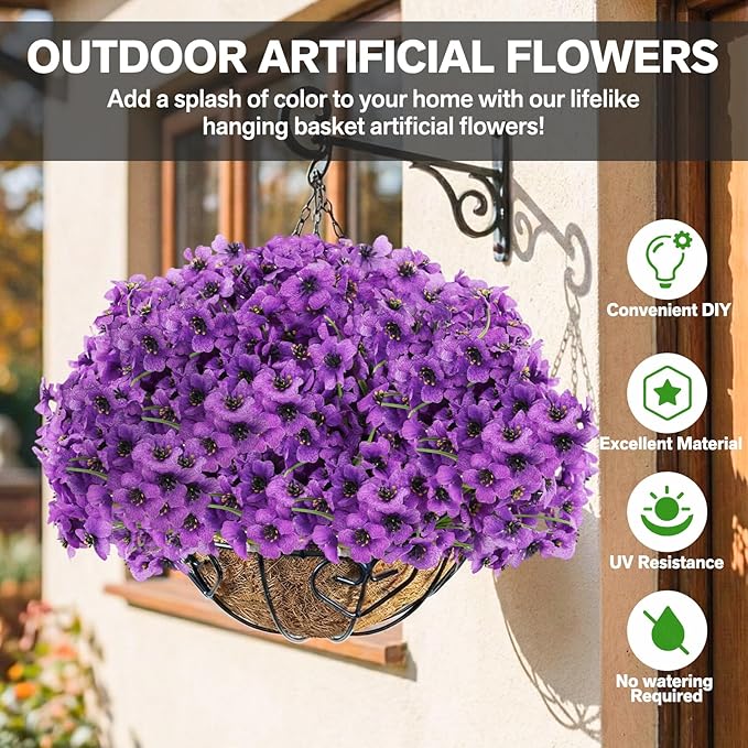 60 Pack Artificial Flowers for Outdoor Indoor Fake Plants, Faux Silk Flowers for Outdoors Outside Front Porch Hanging Planter Window Box Garden Spring Decoration(Purple)