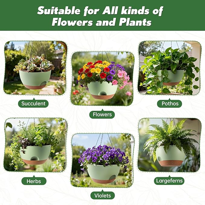 4-Piece Set of 8-Inch Hanging Planters with Automatic Watering System and Drip Tray, Includes Metal Chain, Suitable for Various Indoor and Outdoor Plants and Flowers, Green-Brown