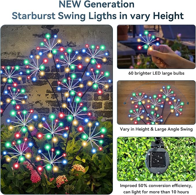 Solar Garden Lights 2 Pack Waterproof Swaying Starburst Light Solar Outdoor Lights for Yard Patio Walkway Pathway Party Wedding Decoration, Unique Gifts for Women, Multicolor