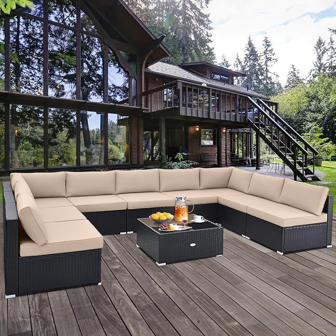 Tangkula 10 Pieces Patio Sofa Set, Outdoor Wicker Conversation Set with Soft Cushions, Tempered Glass Tabletop, Sofa Fastener Clips Included, Rattan Furniture Set for Backyard, Poolside (Beige)