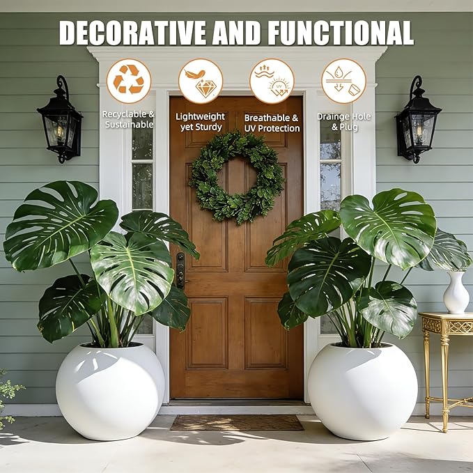 13.5 H x 17" Dia (12" Pot Opening) Round Fiberstone Planter with Drainage Hole, Durable Garden Flower Pots, White, Resistant for Indoor and Outdoor, Planters for Large Plants pot for Home Decor Patio