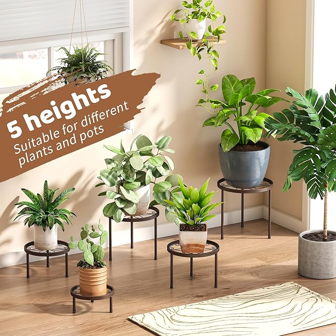 Plant Stand Indoor Outdoor 5 Pack Heavy Duty Metal Stand Multiple Plants, Anti-Rust Iron Flower Pot Stand Decoration Racks Plant Pot Shelf for Living Room Garden Balcony (Brown)