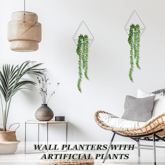 2 Pieces Wall Decor Hanging Planters with Artificial Plants Metal Hanging Vase Indoor Plants Holder Modern Boho Wall Art for Bathroom Bedroom Living Room Decor, Silver, Succulents