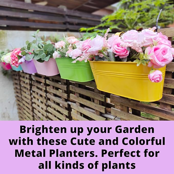 LaLaGreen Rail Planter Outdoor Plants (11.2 Inch, 6 Pack) Colorful Metal Iron Strawberry Hanging Flower Pots Deck Railing, Fence Wall Mount Bucket Modern Window Box Hooks Porch Garden Outside Decor