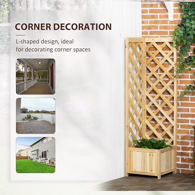 Outsunny Wooden Raised Garden Bed with Trellis, 57" Freestanding Corner Planter Box for Vine Plants Flowers Climbing and Planting Natural