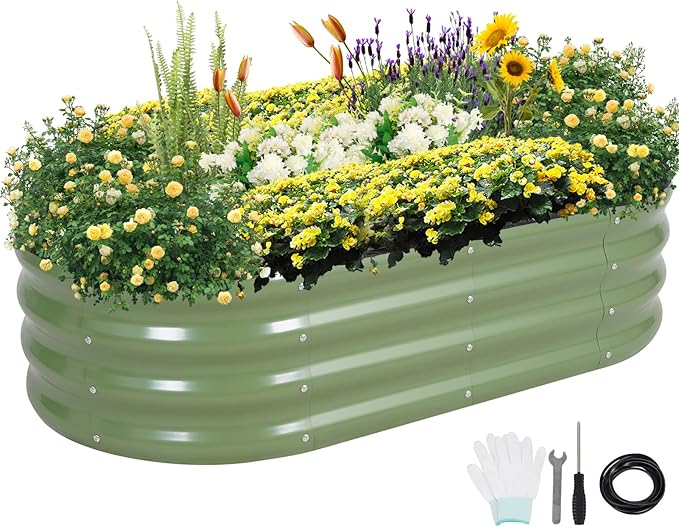 Galvanized Raised Garden Bed Outdoor- Raised Beds for Gardening| Metal Planter Box, Steel Raised Garden Bed Kit with Safety Edging and Gloves for Vegetables, Flower, Herbs (4x2x1FT, Green)