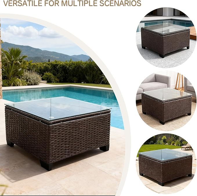 Wicker Patio Furniture - Square Outdoor Coffee Table, with Tempered Glass Tabletop & Rust-Resistant Coated Steel Frame, Compatible with Sectional Sofas, Ideal for Garden, Pool, Balcony, Black