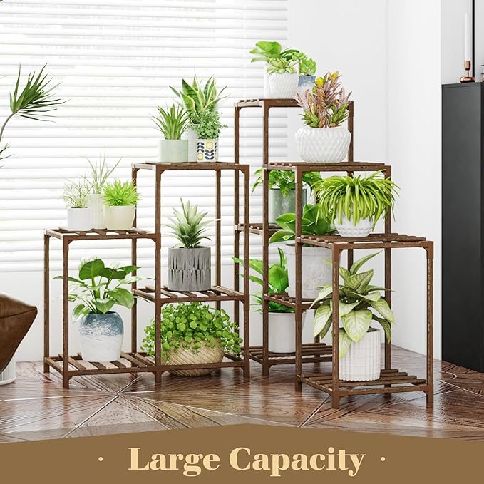 Bamworld Plant Stand Indoor Outdoor Corner Shelf 11 Potted Large Holder for Multiple Plants Wooden Tall Stands Combo Table Rack Garden Patio Lawn Window