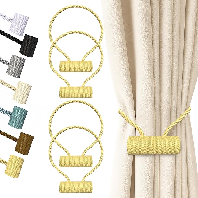 Hion Magnetic Curtain Tiebacks Golden 4 Pack, Curtain Tiebacks Buckles Holdbacks Holders Hooks Clip for Home Bedroom Office Decorative Thick or Thin Curtain