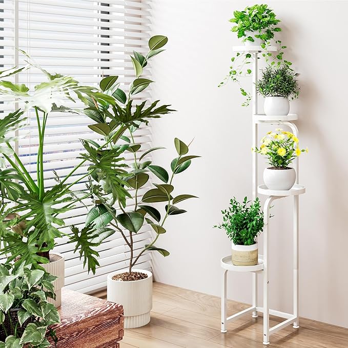 Plant Stand Indoor Outdoor 4 Tier Metal Plant Shelf for Multiple Plants Corner Flower Holders for Living Room Balcony Bedroom Patio Garden, Black (White, 4-Tier)