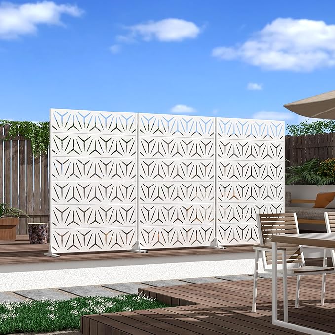 Casaphoria Metal Privacy Screen Outdoor, 72" H x 47" W Freestanding Decorative Privacy Screen for Patio Deck Balcony Garden with Stable Base, White-Star