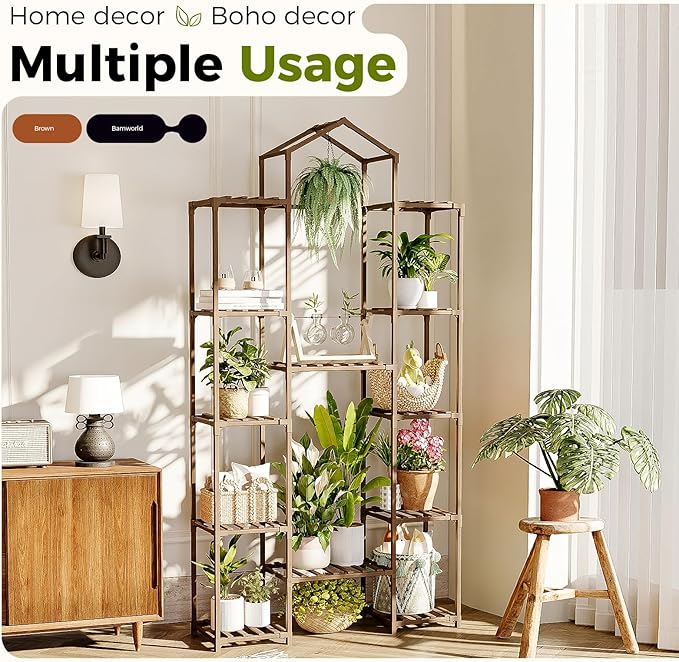 Bamworld 74.4" Tall Plant Stand Indoor Outdoor Wood Plant Shelf Hanging Plant Rack Tiered Flower Stands for Multiple Plants for Living Room Garden Balcony Patio
