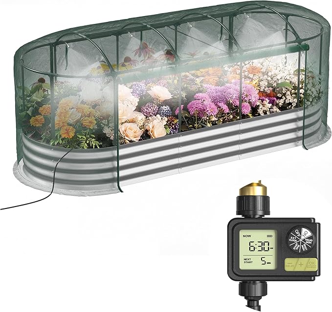 Raised Garden Bed with Sprinkler Timer and Self-Watering System, 8x3x1 ft Elevated Planter Boxes Outdoor with Mesh Cover, Oval Raised Beds for,Vegetables,Flowers, Backyard, Patio