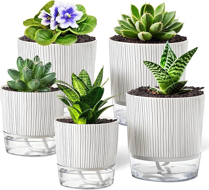 5 Pack Self Watering Pots for Indoor Plants, 4" + 5.5" Decorative Planters for Indoor Plants, Easy-Care Pots for African Violet, Orchid, Snake Plant, Herbs