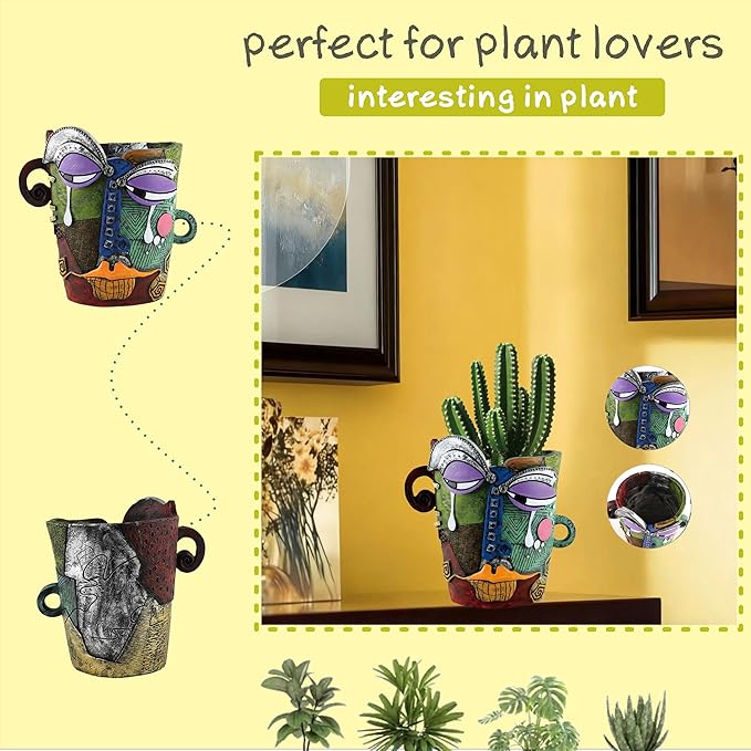 Picasso Abstract Face Flower Pot,Unique Resin Crafted Planter with Drainage Holes,Interesting Colorful Planter with Human face,for Indoor and Outdoor Botanical Home décor (Tears)
