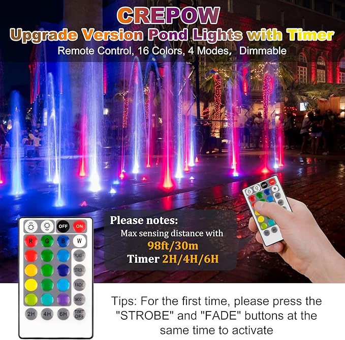 RGB Pond Lights with Timer, LED Underwater Submersible Colorful Landscape Spotlights, 98ft Remote Control IP68 Waterproof Fountain Lights for Fish Aquarium Tank Garden Yard Pool (Set of 6)