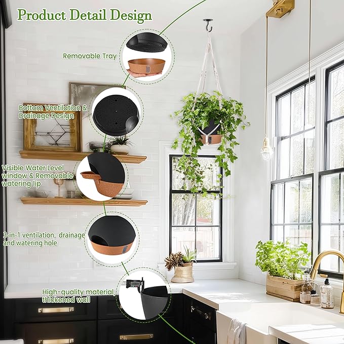 10 Inch Hanging Planters for Indoor Plants, 2 Pack Self Watering Hanging Baskets Flower Pots with Drainage Hole, Visual Reservoir & 2 Kinds of Plant Hanger for Outdoor Garden Home Decor（Black）