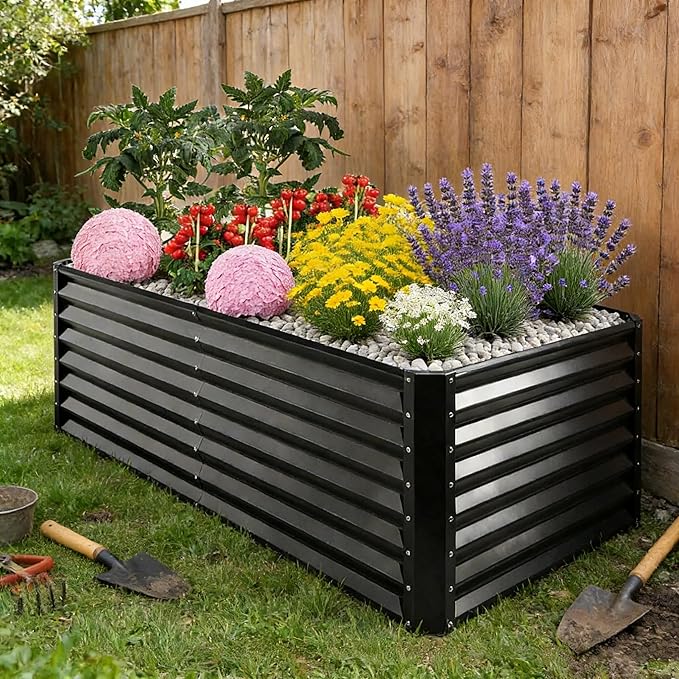 GARDMAX 6x3x1FT Raised Garden Bed Kit, Metal Planter Boxes Outdoor with Easy Assembly, Large Garden Bed for Vegetables, Fruits, Flower, Herbs Rectangle Dark Grey