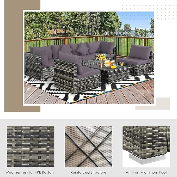 Tangkula 7 Pieces Wicker Patio Furniture Set, All-Weather Outdoor Rattan Sectional Sofa Set with Cushions & Tempered Glass Coffee Table, Outside Sofa Set for Garden, Lawn, Deck, Backyard (Grey)