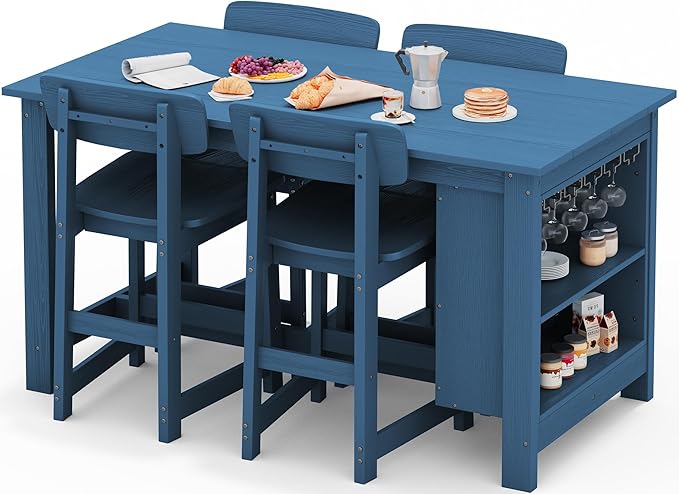 SERWALL Outdoor Bar Table and Chairs Set, 5-Piece HDPE Counter Height Patio Dining Sets with Storage and Wine Rack, Rectangular High Top Bar Table with 4 Bar Stools for Garden, Backyard, Blue