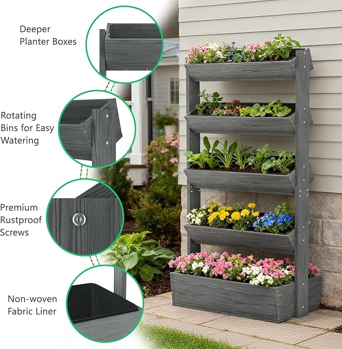 DoCred Vertical Wooden Raised Garden Bed, 5 Tier Upgraded Garden Planters Freestanding Wood Plant Stand Flower Rack Wooden Planter Box for Plants Herbs Flowers Vegetables Outdoor Indoor