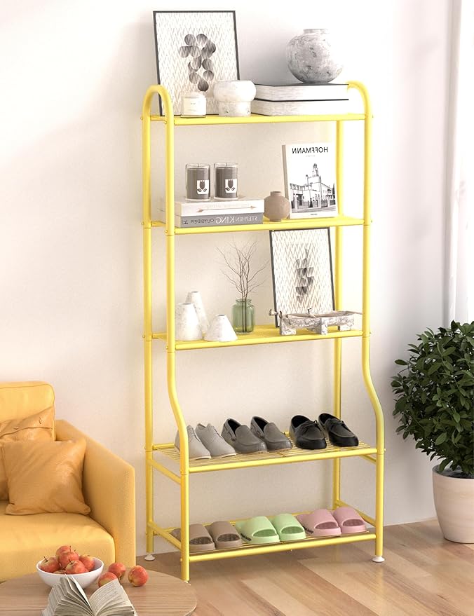 5-Tier Metal Plant Stand Indoor Outdoor, Waterproof Flower Stand for Multiple Pots, Heavy Duty Plant Stands for Living Room Patio Garden Decor, Tall Plant Shelf with Leveling Feet, Gold