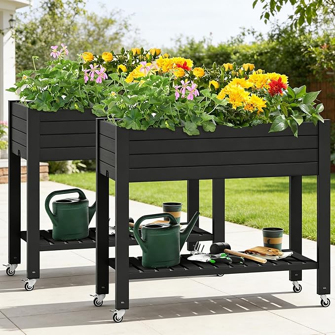 YITAHOME 43.3x17.7x34 in Elevated Garden Bed 2pcs, Outdoor Plastic Planter Box with Wheels, Legs, Drain Plug, and Storage Shelf for Plants, Vegetables, Flowers, Herbs, Black