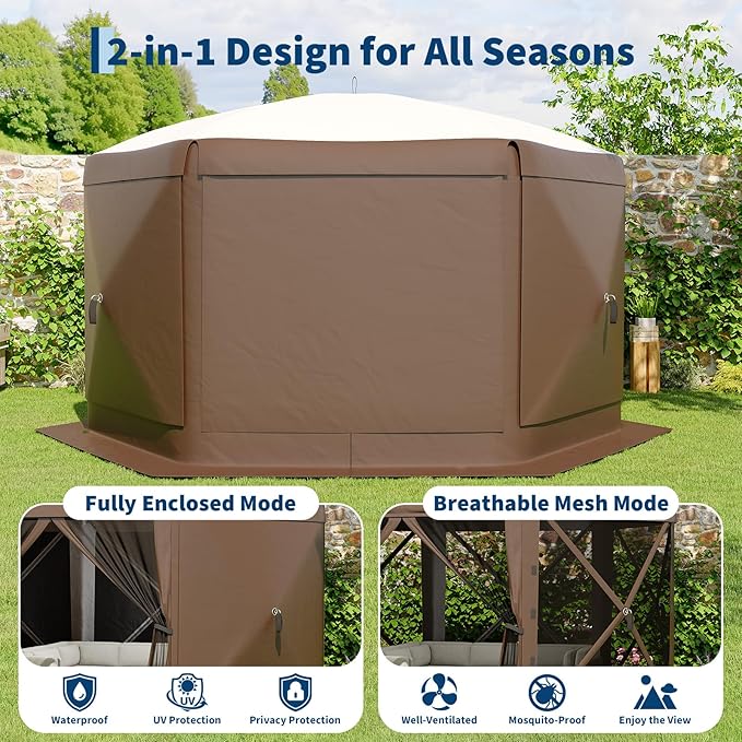13x13FT 6-Sided Pop Up Gazebo Tent，One-Push Setup Canopy Tent with Removable Canopy Top & Wind Cloths, Outdoor shelter for Camping, Backyard Parties, Outdoor Events - Beige & Khaki