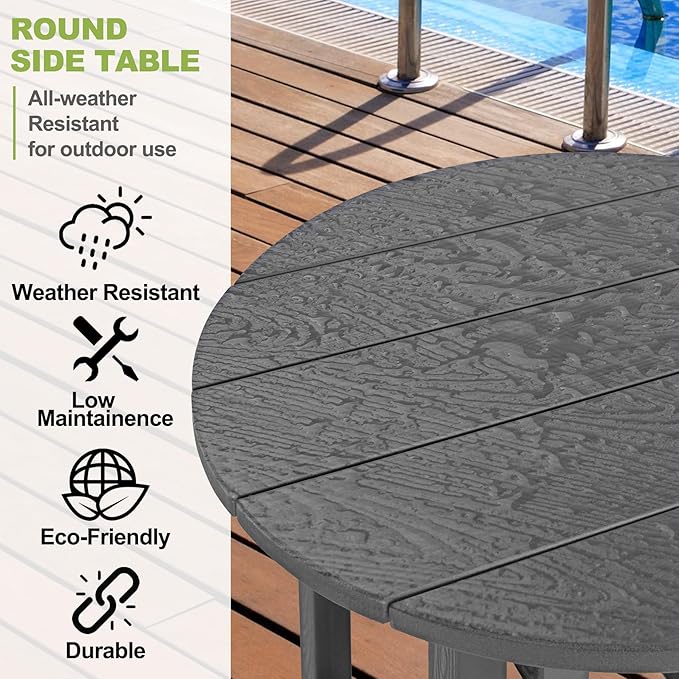 Y&M Outdoor Side Table, Waterproof Four-Legged Round Entryway End Table, Single-Tier HDPE Modern Small Coffee Nightstand for Bedroom, Living Room, Patio, Indoor or Outdoor Use, Dark Gray