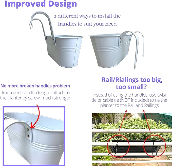 LaLaGreen Rail Planter Outdoor (6 Pack, 11.8 Inch) White Metal Iron Hanging Flower Pots Deck Railings Fence Buckets Modern Countryside Boho Style Wall Mount Window Box Plant Holder Hooks Porch Decor
