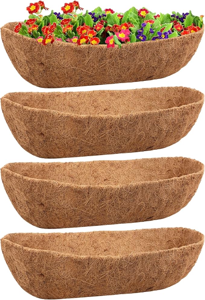 Legigo 4 Pack 24 Inch Natural Trough Coco Liner for Planters- Window Box Liners Coconut Basket Liners, Planter Box Coconut Liner for Window Flower Box Pots, Fence Trough Planter, Wall Planter Basket