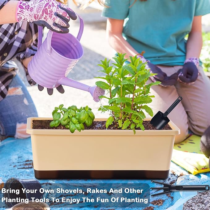 Window Box Planter 8 Pcs, 17 Inches Rectangle Flower Pots with Drainage Holes & Trays, Vegetable Planters for Windowsill Patio Garden Balcony Home Indoor Outdoor (Barley Yellow, 16 * 7 * 6 inch)