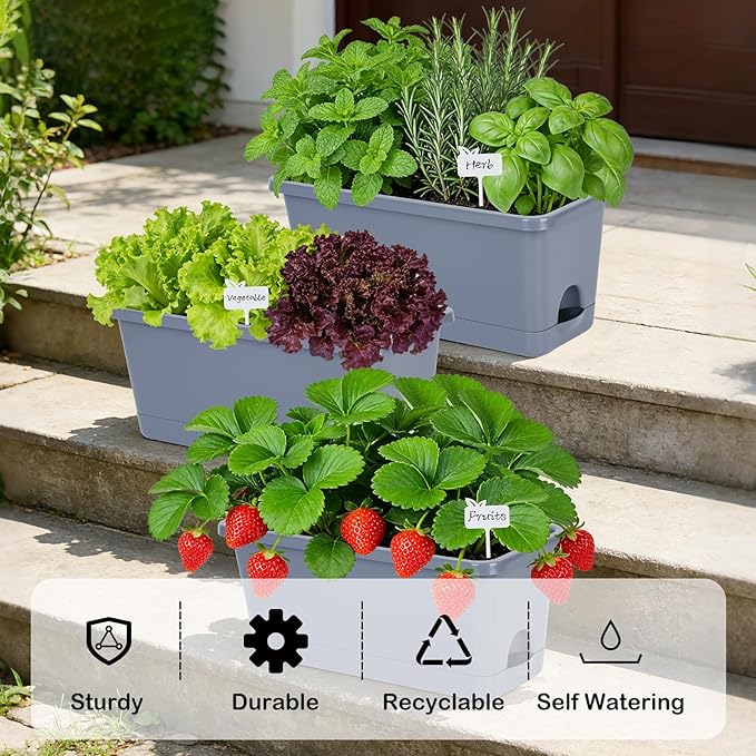 Window Box Planter 6 Packs, 13.8 Inches Rectangle Flower Pots with Drainage Holes & Trays, Pots for Vegetables, Herbs, Flowers, Garden Windowsill Balcony (Grey)
