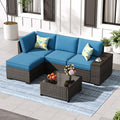 Jing's Villa 5-Piece Patio Furniture Set, All-Weather Outdoor Wicker Sectional Sofa with Cushions, Tempered Glass Table & Ottoman, Rattan Conversation Seating for Porch, Garden, Backyard,Peacock Blue