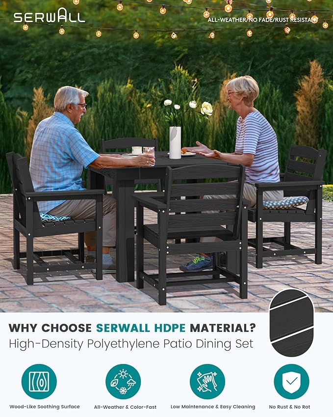 SERWALL Outdoor Dining Set for 4, HDPE Square Table and Chairs Set All Weather Patio Dining Set with 4 Classic Dining Chairs, 5-Piece Patio Dining Furniture for Deck, Black