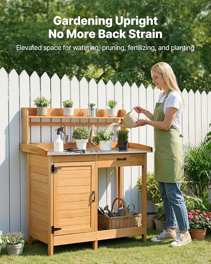 VEVOR Potting Bench Table, 3-in-1 Outdoor Gardening Wooden Workstation with 44 x 19 in Galvanized Iron Tabletop, Garden Work Station with Drawer, Storage Cabinet & Shelves, Hooks for Patio, Backyard