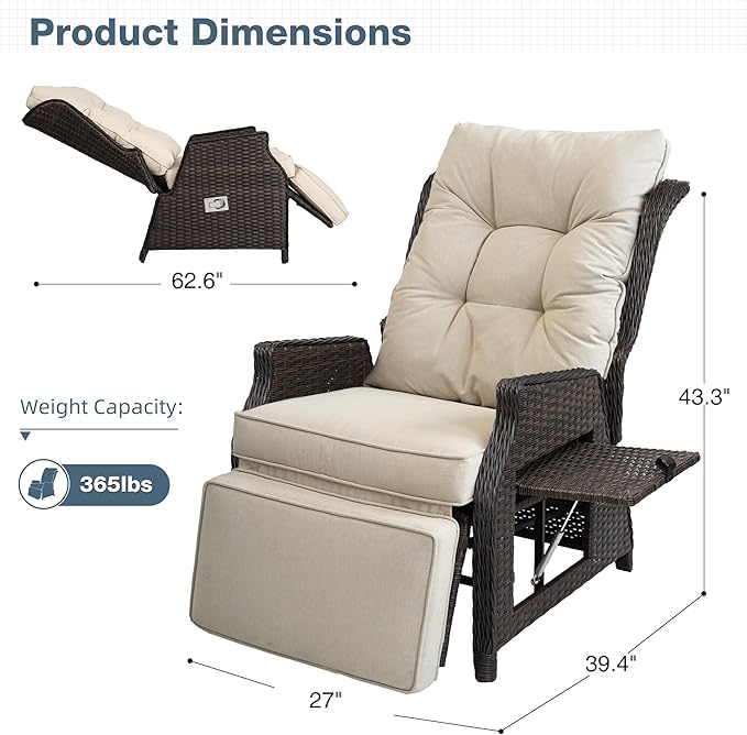 Outdoor Indoor Wicker Recliner with Adjustable Back and Footrest, Patio Reclining Chair with Flip-up Table, Outdoor Rattan Lounge Chair, Upgrade Beige