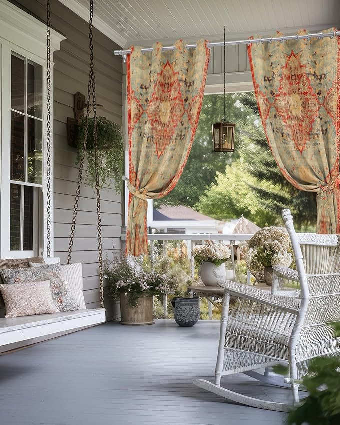 Boho Outdoor Curtains for Patio Waterproof, Grommet Privacy Curtain Drapes Weatherproof Outside Curtains for Porch GazeboPergola Cabana 2 Panel 54x84inch Rustic Bohemian Floral Tribal Orange