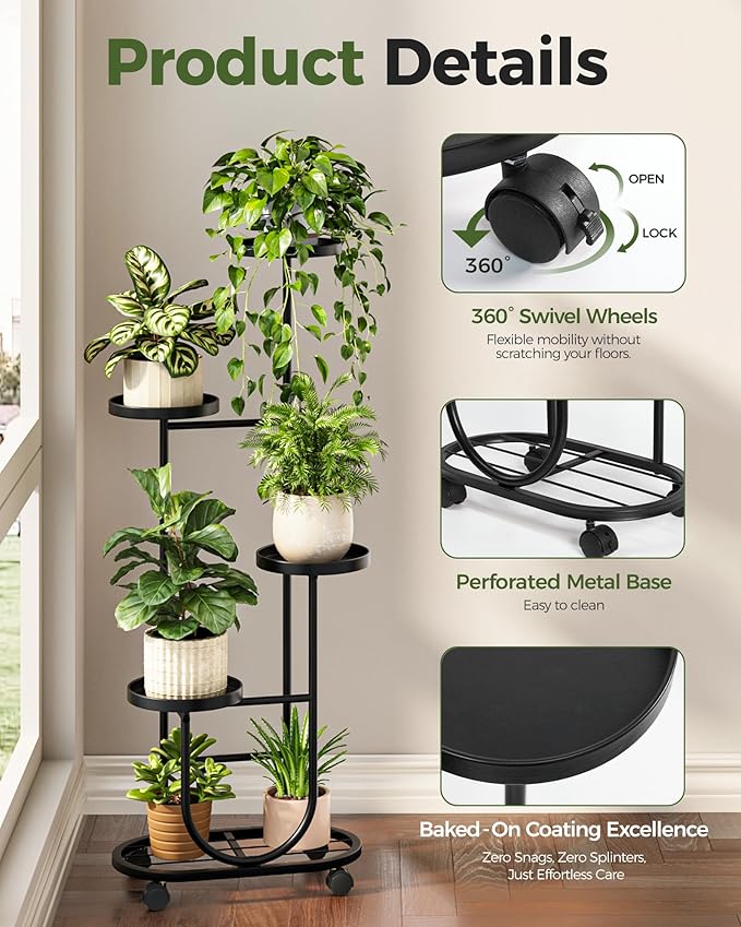 Bamworld Tall Plant Stand Indoor Outdoor Plant Stand with Wheels Heavy Duty Metal Plant Shelf for Multiple Plants Flower Stands for Patio Corner Garden Living Room Balcony, Black