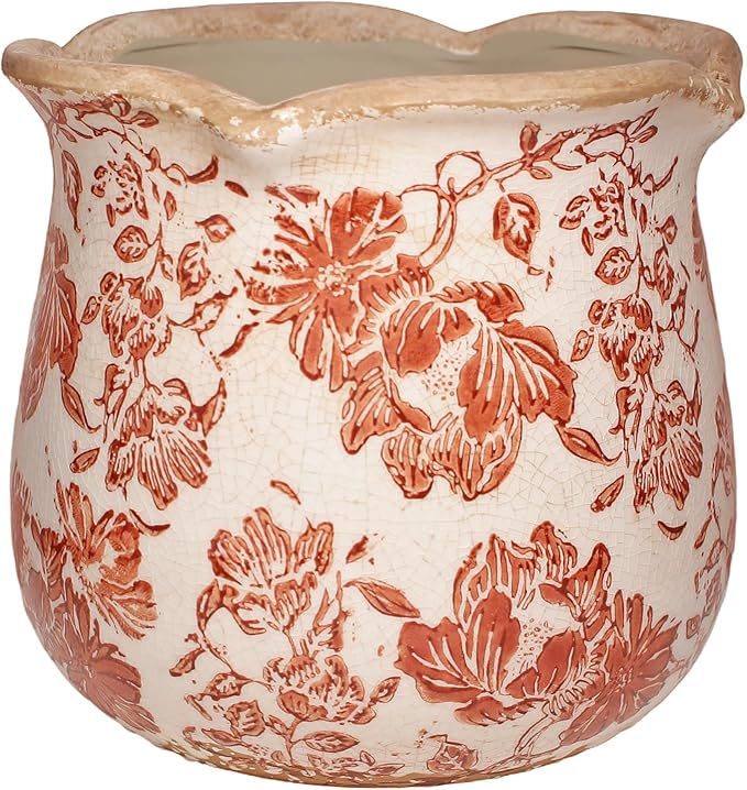 Country Farmhouse Planters for Spring Decor, 6.11 Inch Vintage Distressed Ceramic Plant Pot with Drainage for Indoor Plants, Terracotta Pots & Italian Tuscan Decor, Gardening Gifts (Red Flower)
