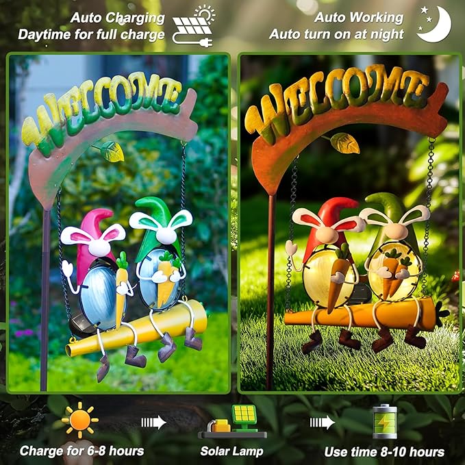 HONGLAND Outdoor Decor Solar Lights, Hanging Gnomes Swing Gardening Gifts for Women, Gnomes Outdoor Easter Decor with Welcome Sign for Porch Patio