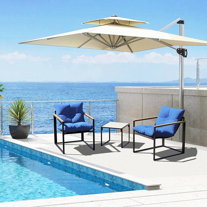 Outdoor Wicker Patio Furniture Set, Rattan Sectional Sofa Set with Thick Cushions (Blue, 3 Piece Conversation Set)