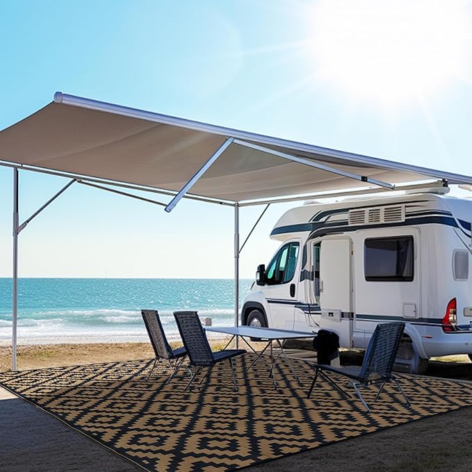 SAND MINE Reversible Mats, Plastic Straw Rug, Modern Area Rug, Large Floor Mat and Rug for Outdoors, RV, Patio, Backyard, Deck, Picnic, Beach, Trailer, Camping, Black & Brown, 8' x 10'